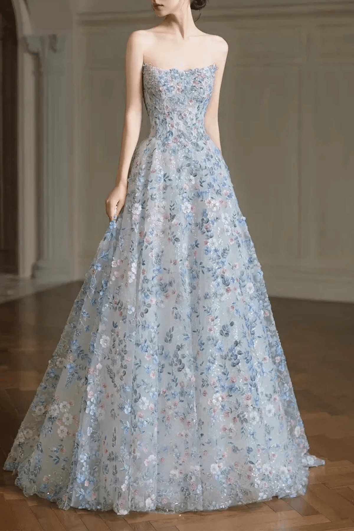 Off Shoulder Light Blue Floral Dress