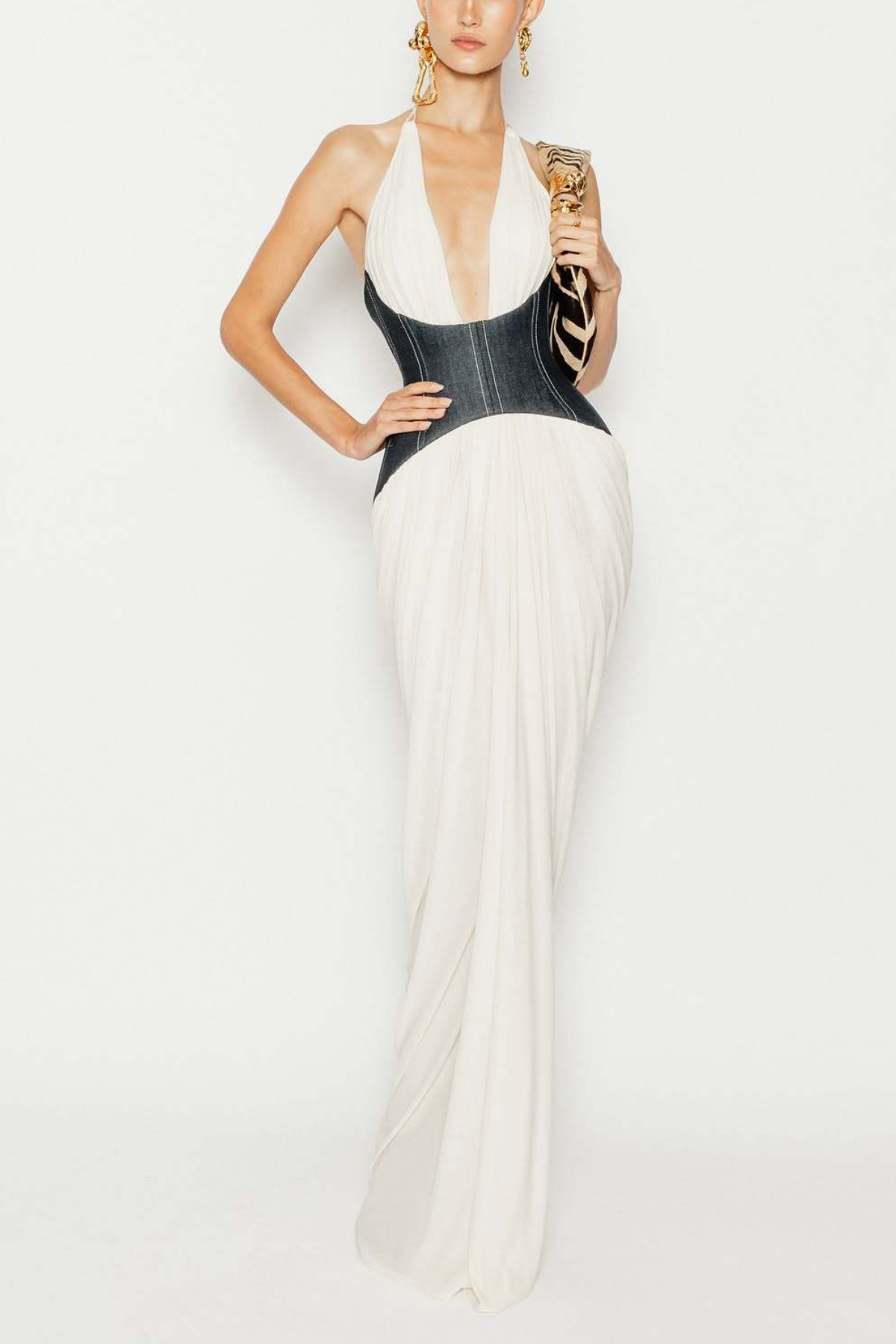 Halter Deep V Denim Corset White Dress