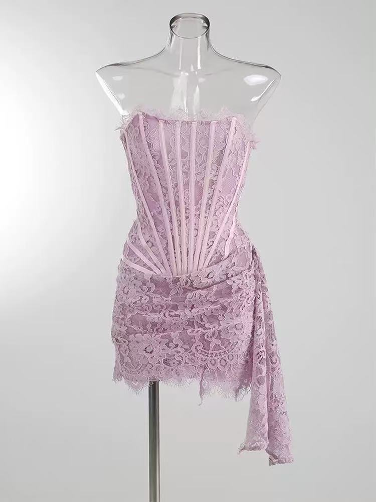 Lace Appliques Mini Dress In Light Purple