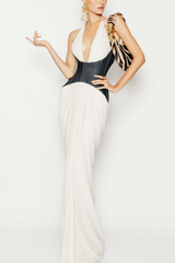 Halter Deep V Denim Corset White Dress