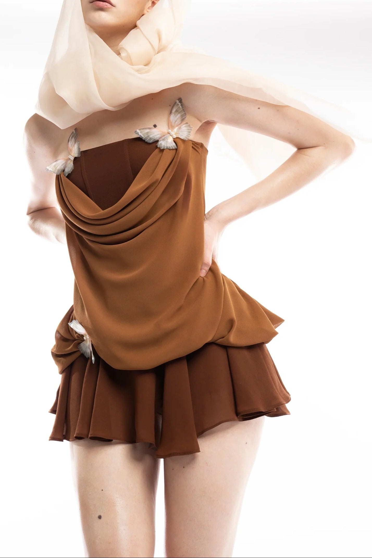 Brown 3D Fishbone Top Mini Skirt Set