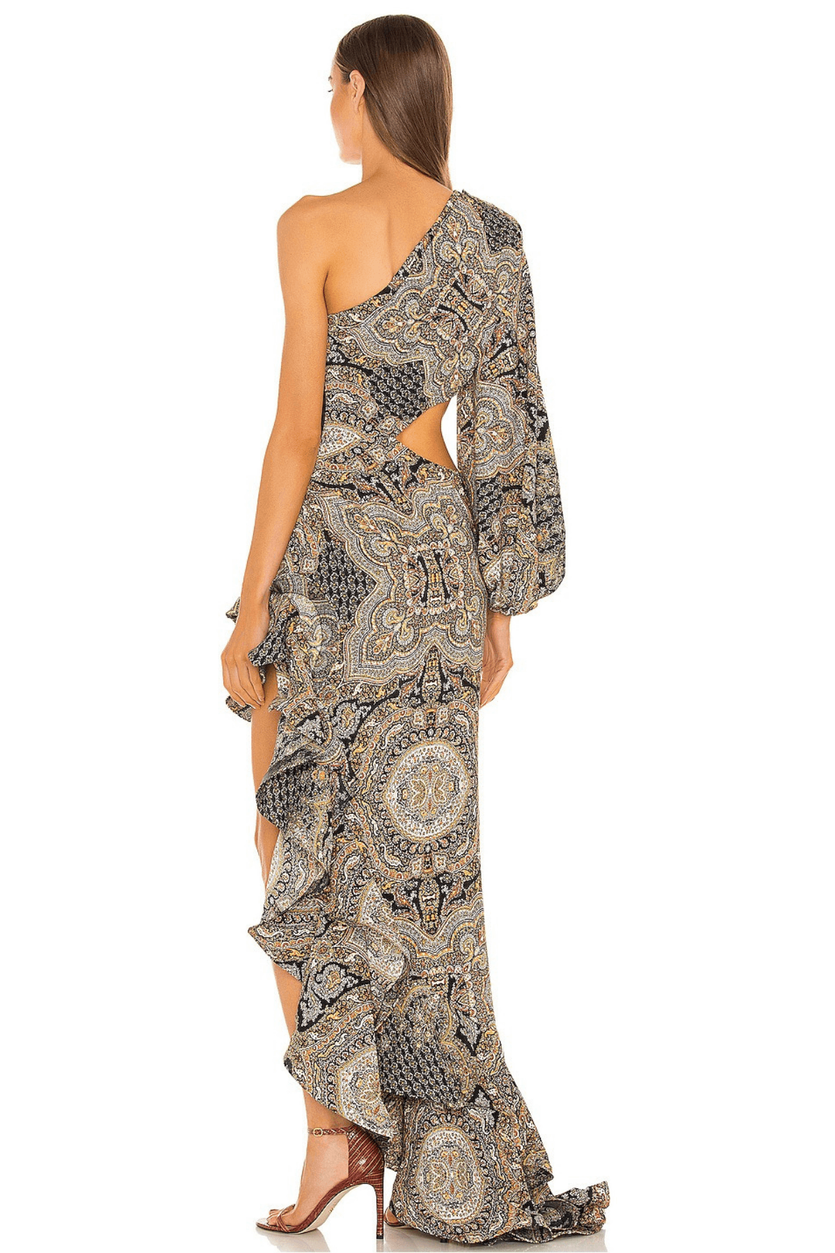 One Shoulder Cutout Ruffle Maxi Dress