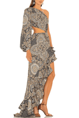 One Shoulder Cutout Ruffle Maxi Dress