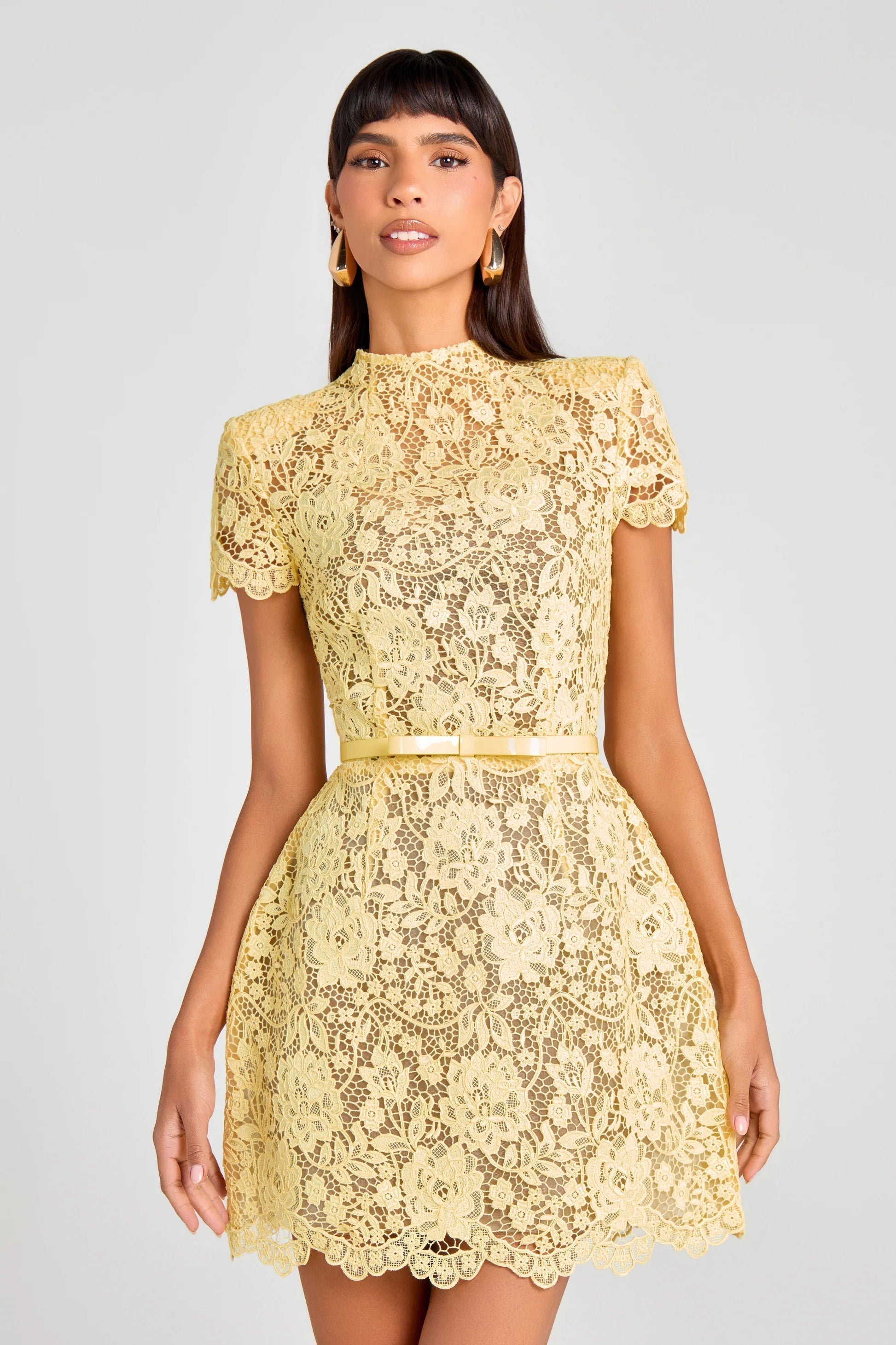 Hollow Lace Belt Mini Dress in Yellow