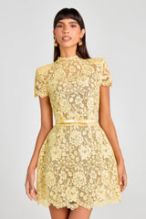 Hollow Lace Belt Mini Dress in Yellow