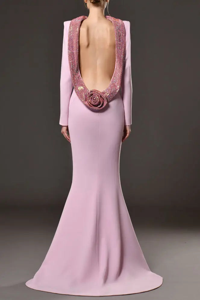 Pink Crepe Maxi Dress with Crystal Chainmail Flower