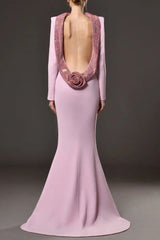Pink Crepe Maxi Dress with Crystal Chainmail Flower