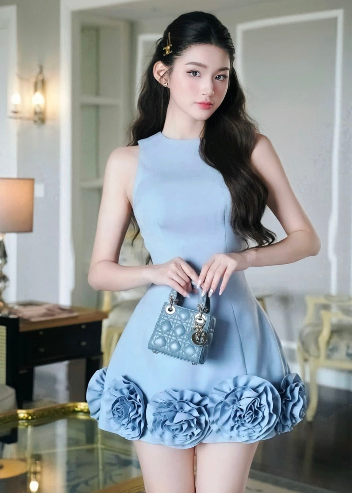 3D Flower Mini Dress In Blue