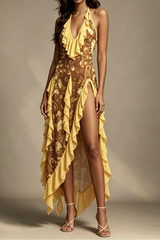 Golden Coin Vintage Print Halter V Neck Ruffle Trim High Side Asymmetrical Midi Dress