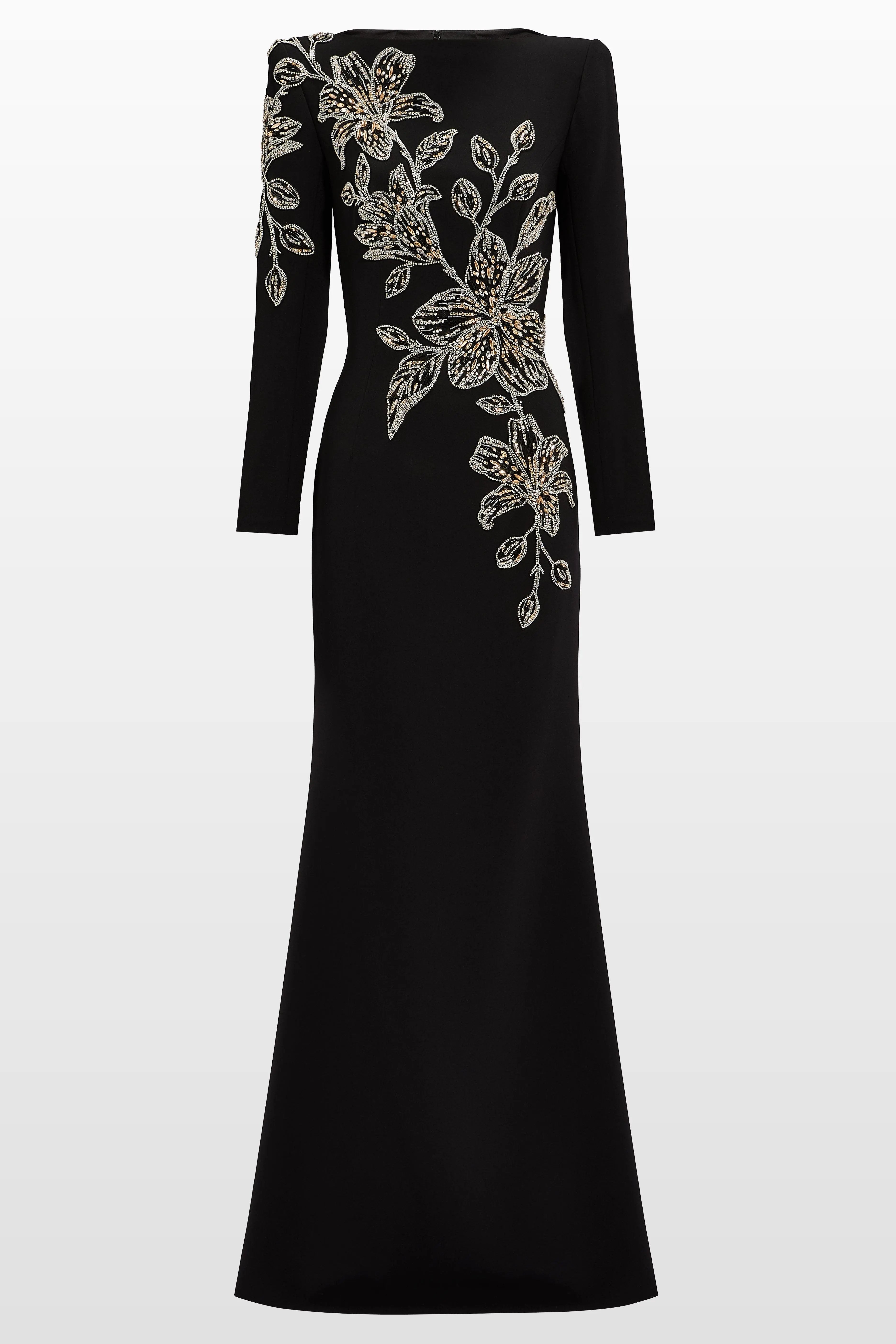 Rhinestone Orchid Floral-Embellished Maxi Dress in black