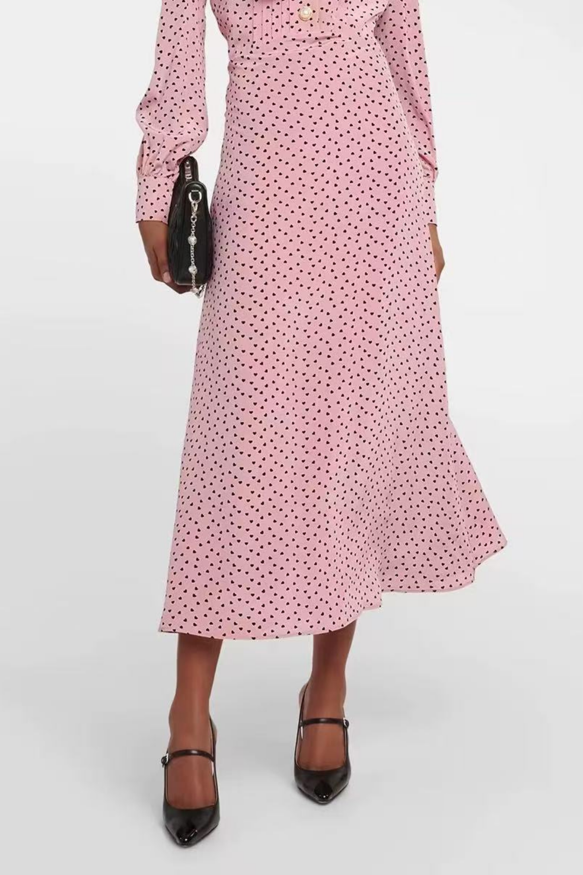 Retro French Pink Heart Print Midi Dress