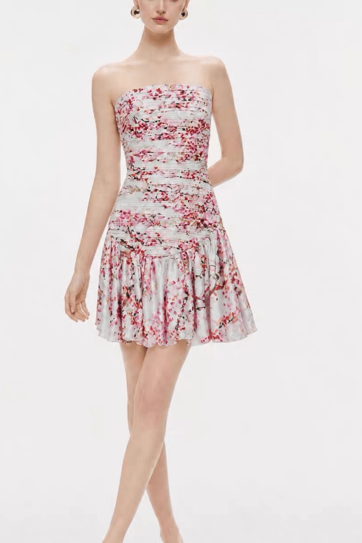 Pink Floral Ruched Mini Dress