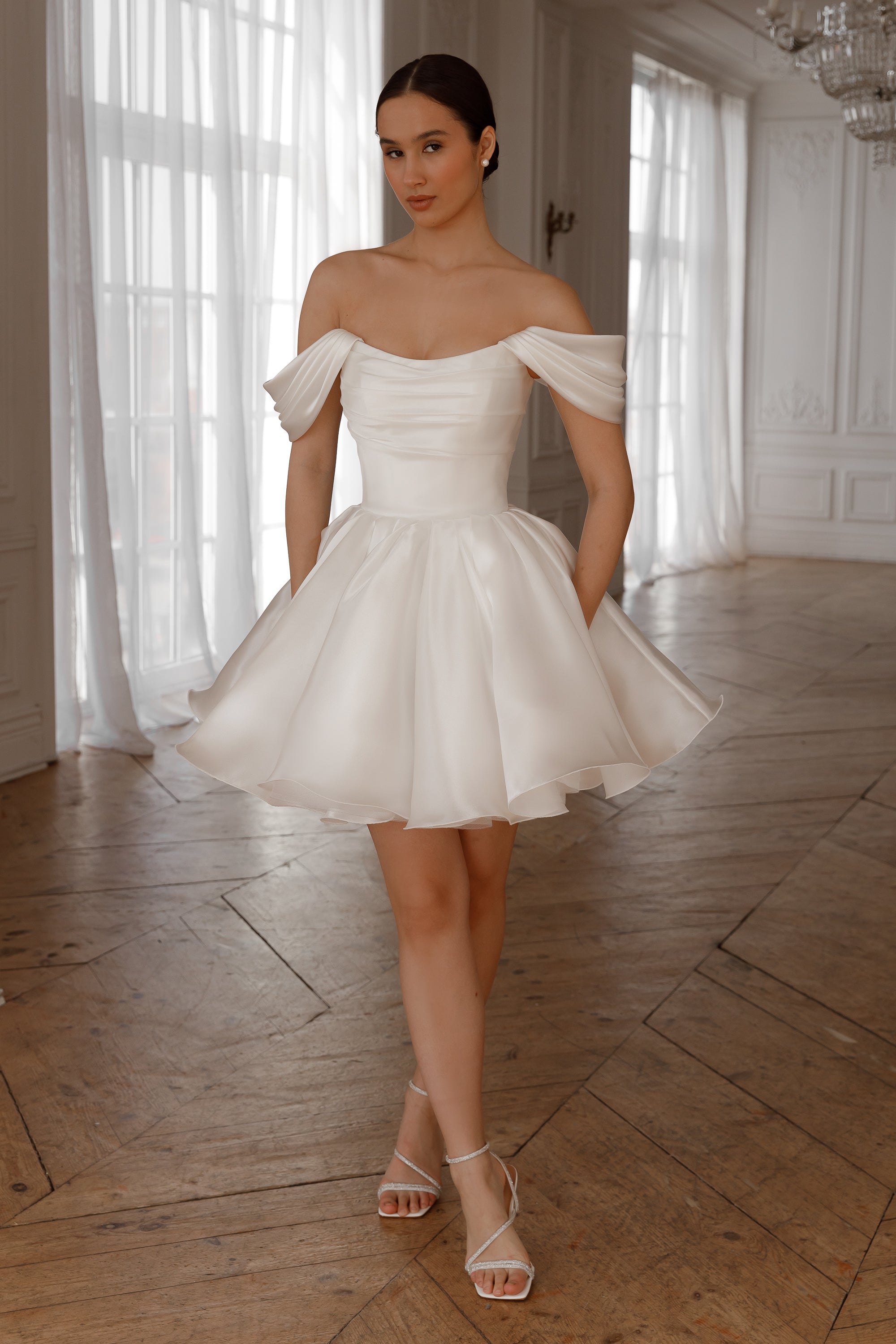 Detachable Straps Mini Dress in Light Lvory