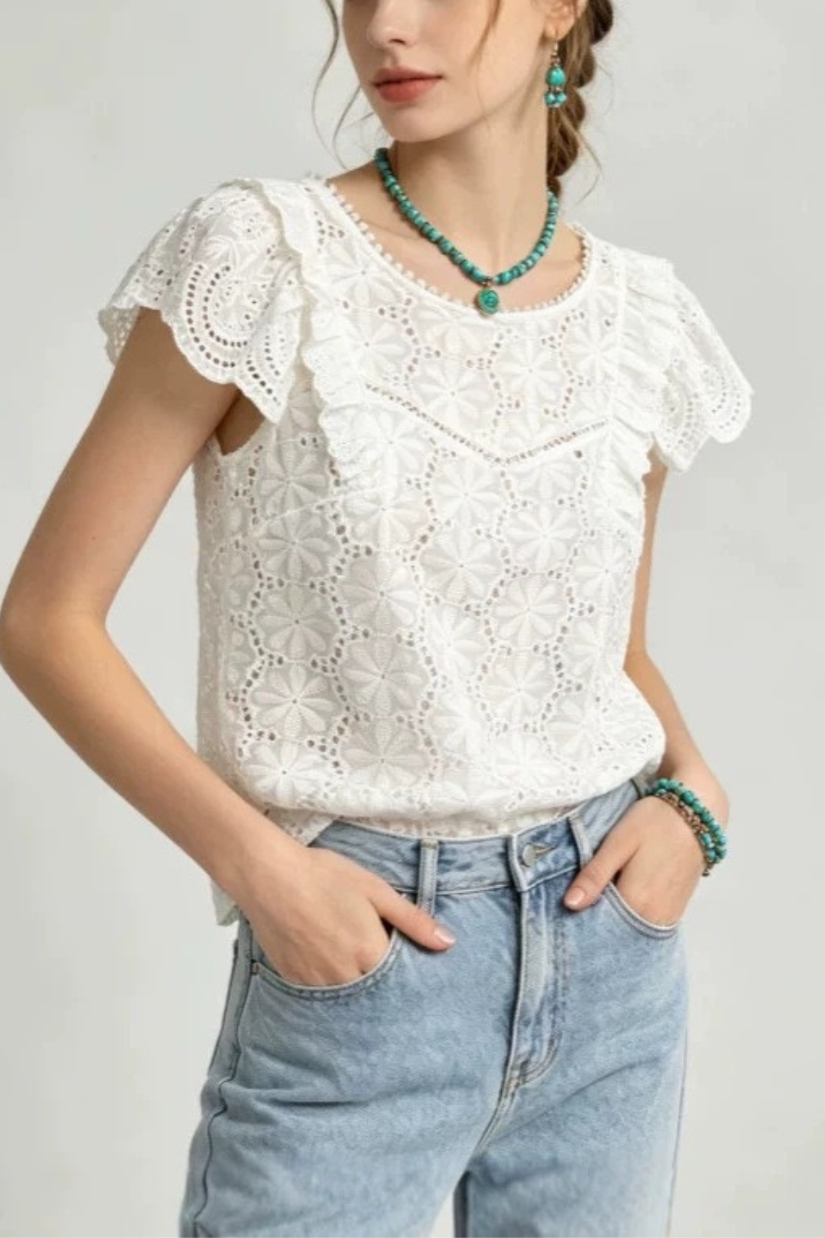 White Ruffle Lace Blouse
