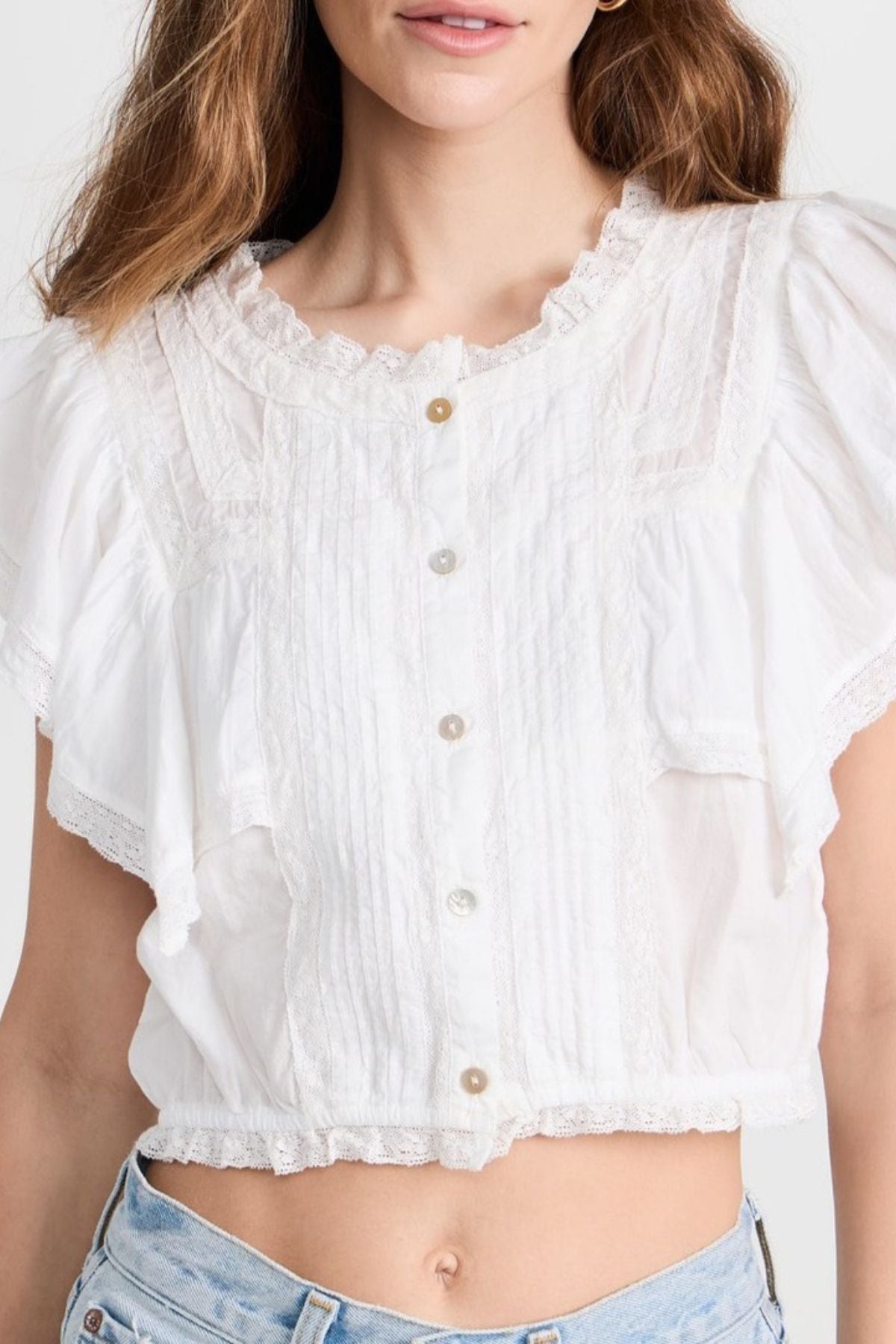 Lace Trim Pintuck Short Sleeve Crop Shirt