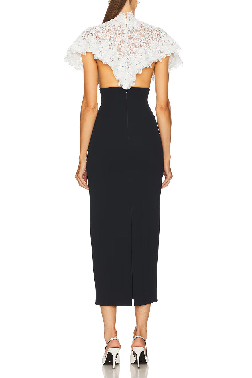 Lace Patchwork Shawl Bodycon Midi Dress in Black