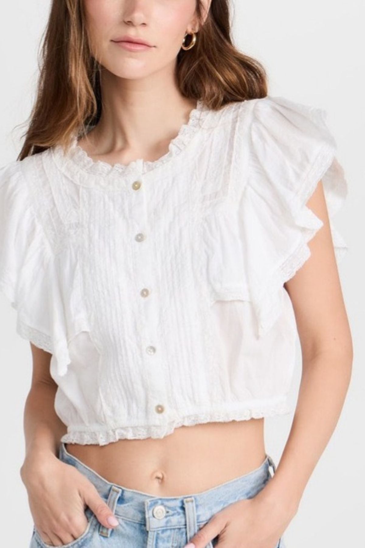Lace Trim Pintuck Short Sleeve Crop Shirt