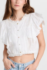 Lace Trim Pintuck Short Sleeve Crop Shirt