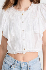 Lace Trim Pintuck Short Sleeve Crop Shirt