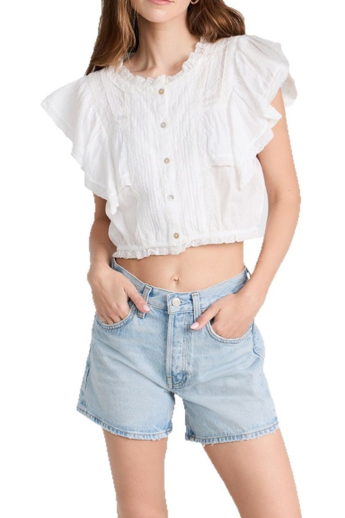 Lace Trim Pintuck Short Sleeve Crop Shirt