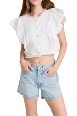 Lace Trim Pintuck Short Sleeve Crop Shirt