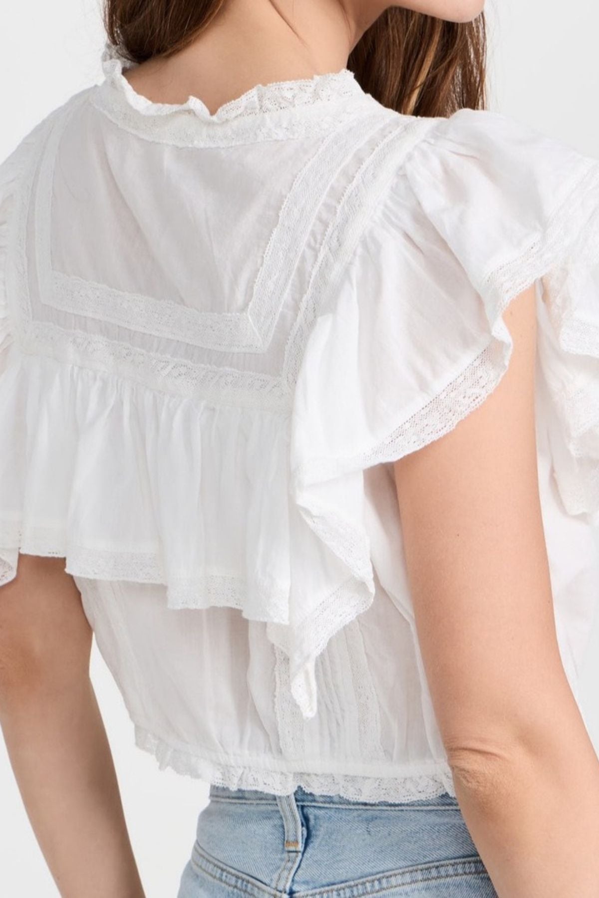 Lace Trim Pintuck Short Sleeve Crop Shirt