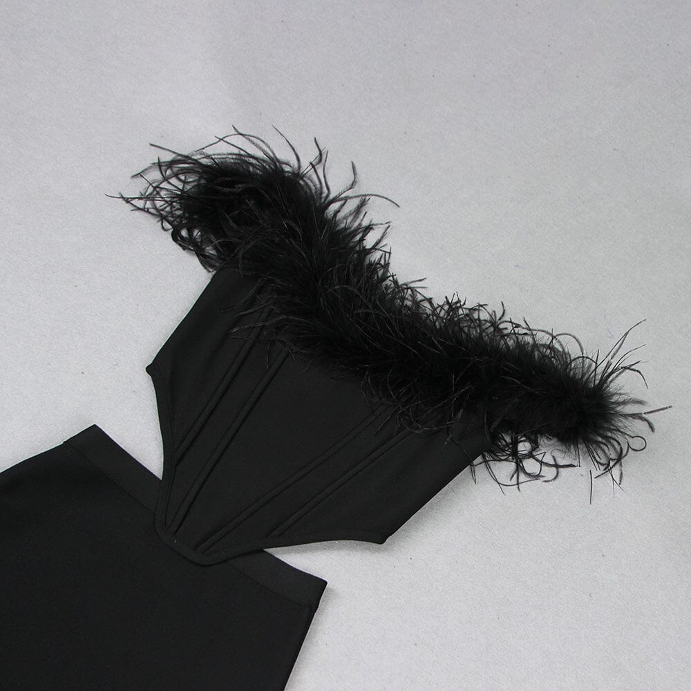 Feather Off  Shoulder Maxi Dress In Black