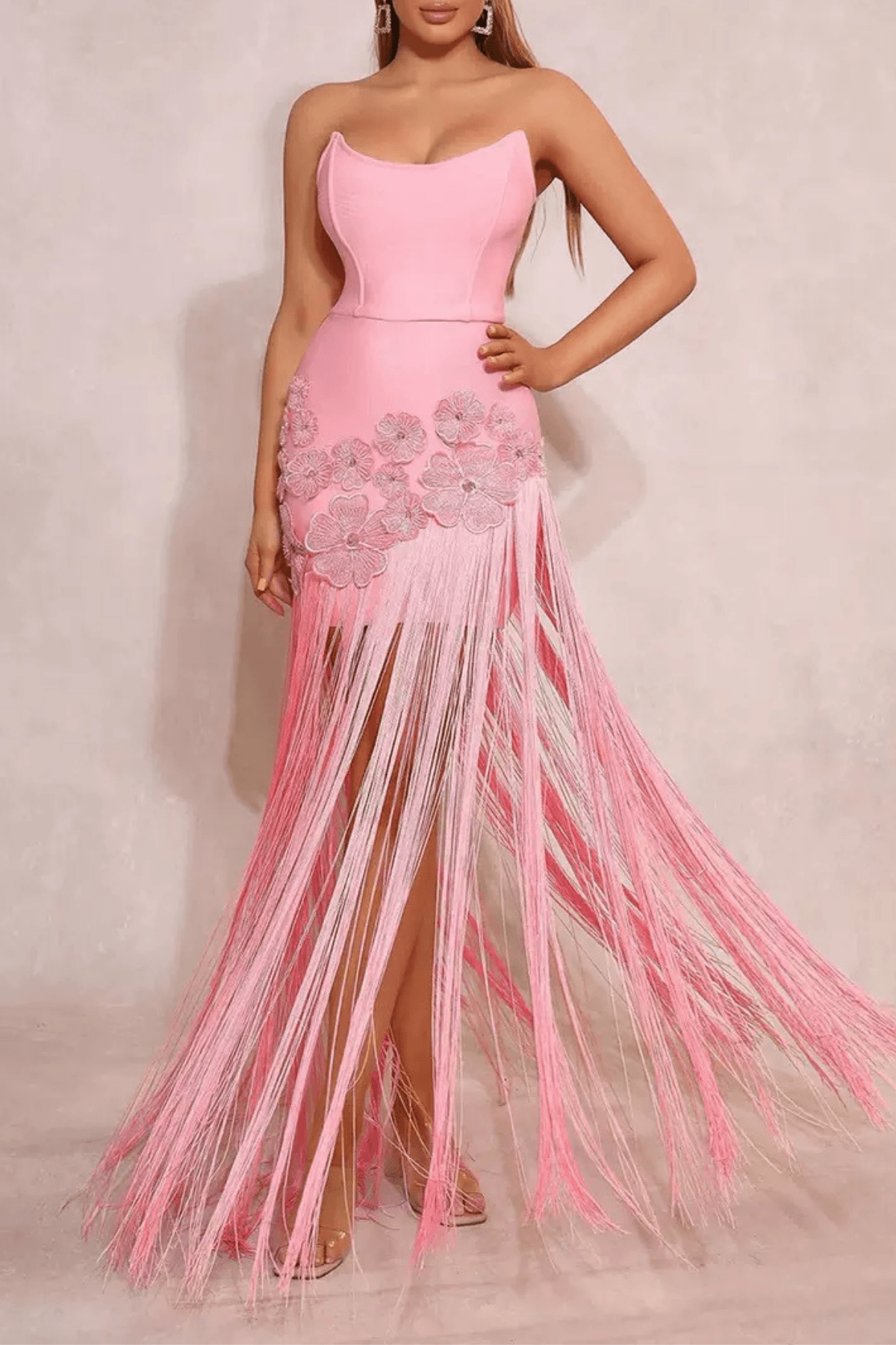 Pink 3D Floral Fringe Dress