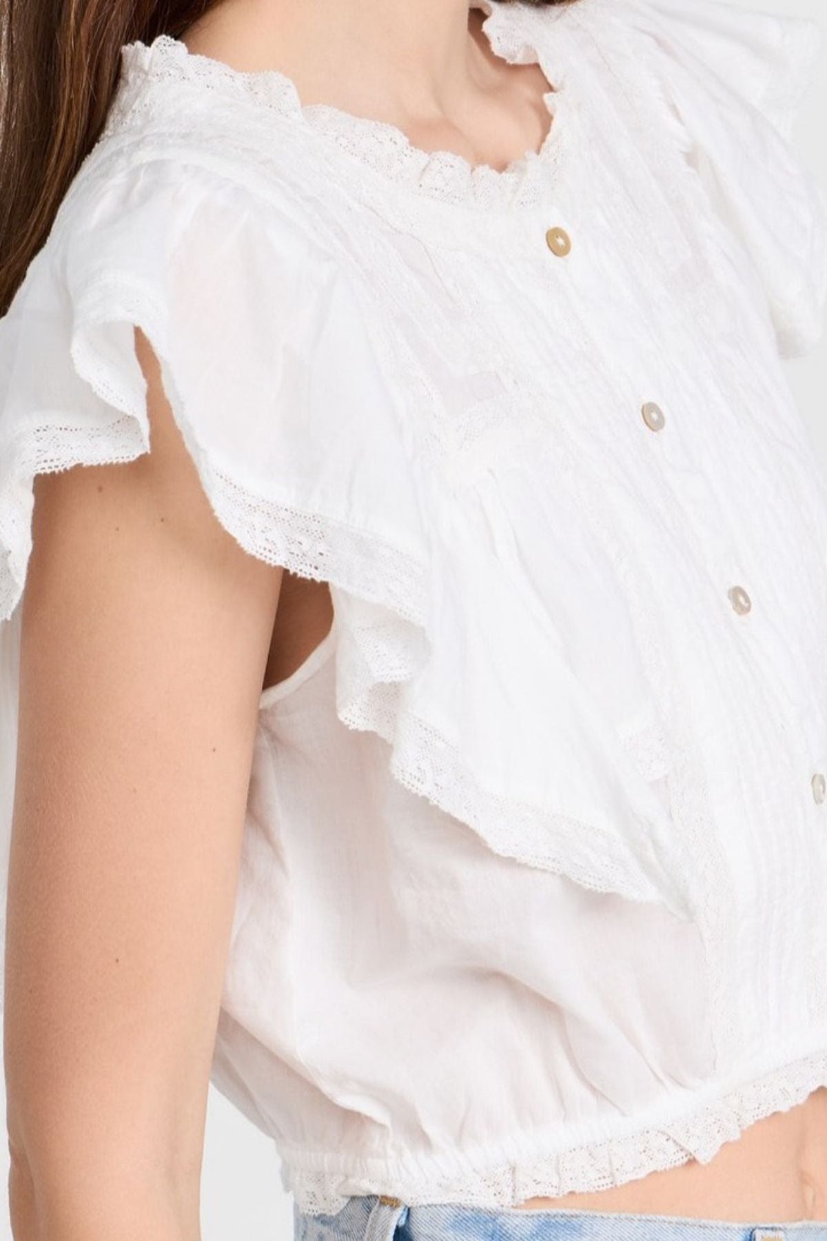Lace Trim Pintuck Short Sleeve Crop Shirt