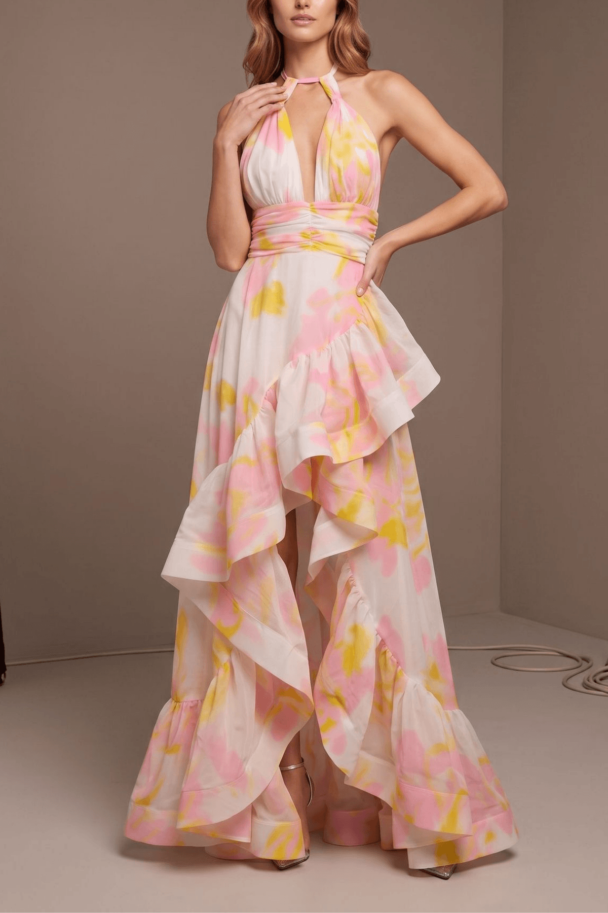 Floral Halter Neck Ruffle Maxi Evening Dress