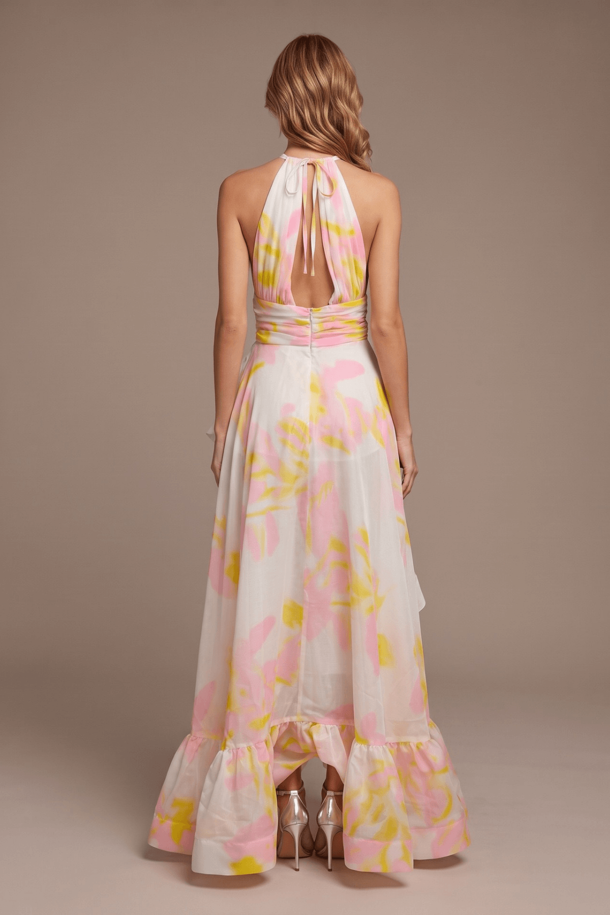 Floral Halter Neck Ruffle Maxi Evening Dress