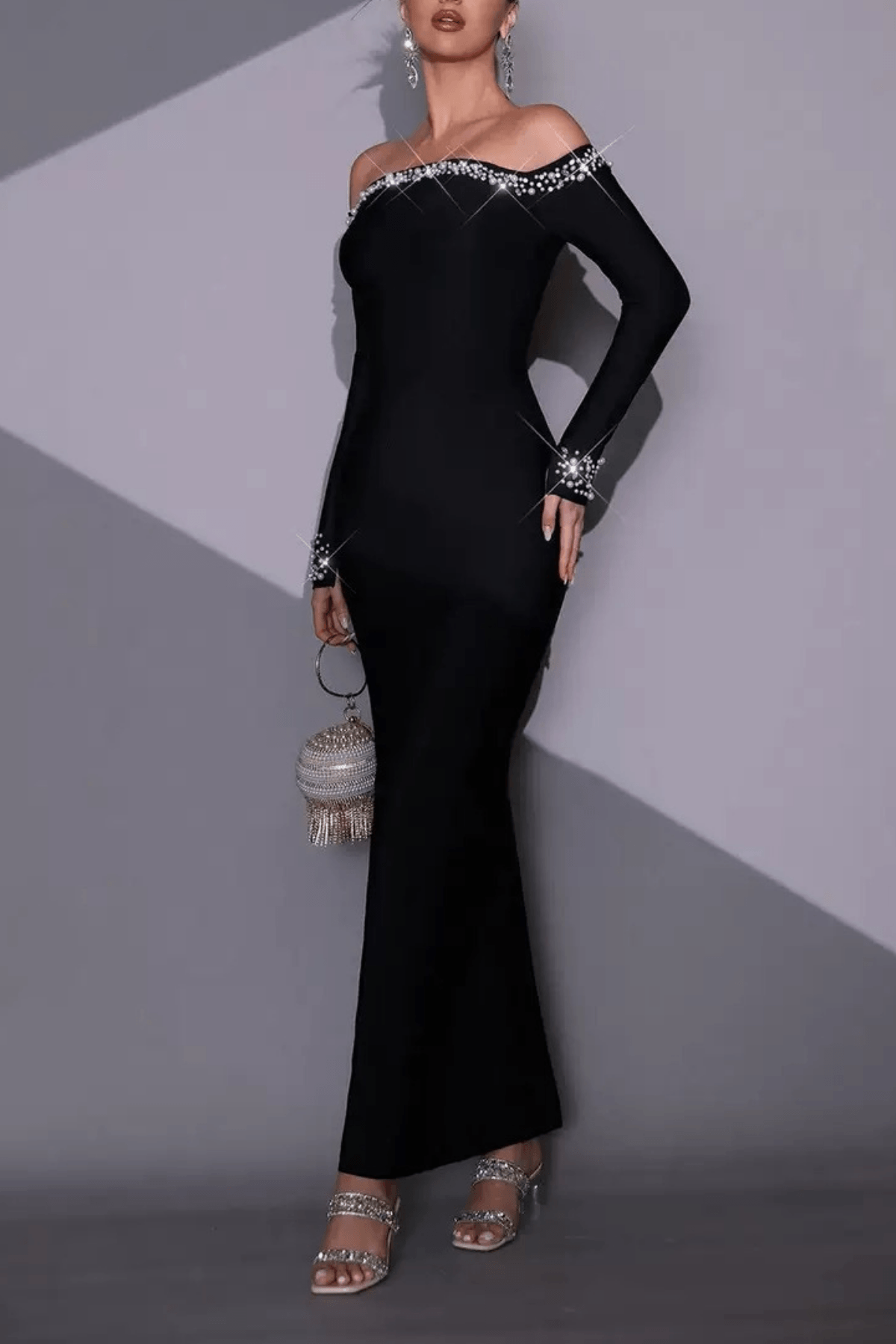 Black Off Shoulder Rhinestone Trim Dress