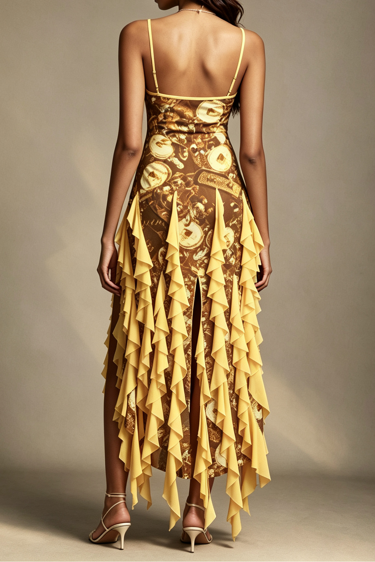 Golden Coin Vintage Print Halter V Neck Ruffle Trim High Side Asymmetrical Midi Dress