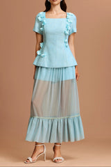 Blue Short Sleeves Flowers Folds Top and Skirt Two-Piece Set