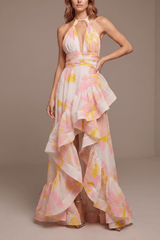 Floral Halter Neck Ruffle Maxi Evening Dress