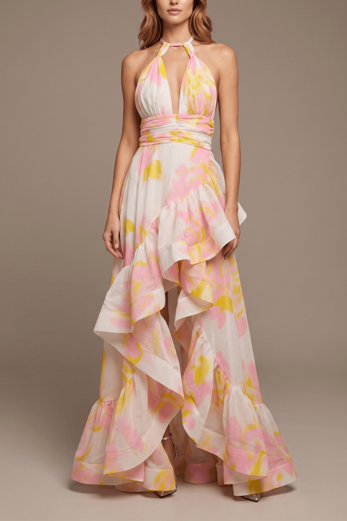 Floral Halter Neck Ruffle Maxi Evening Dress