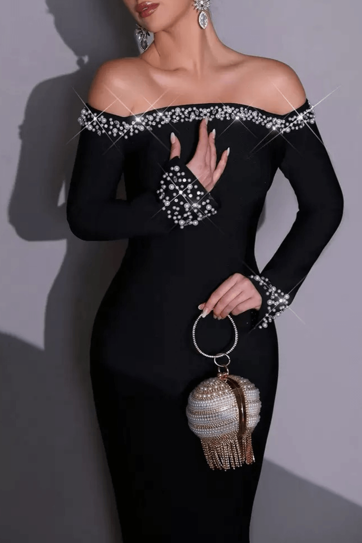 Black Off Shoulder Rhinestone Trim Dress