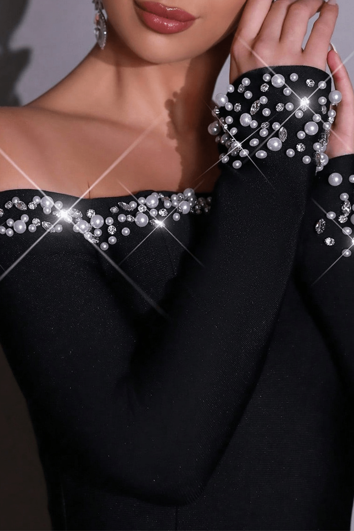Black Off Shoulder Rhinestone Trim Dress