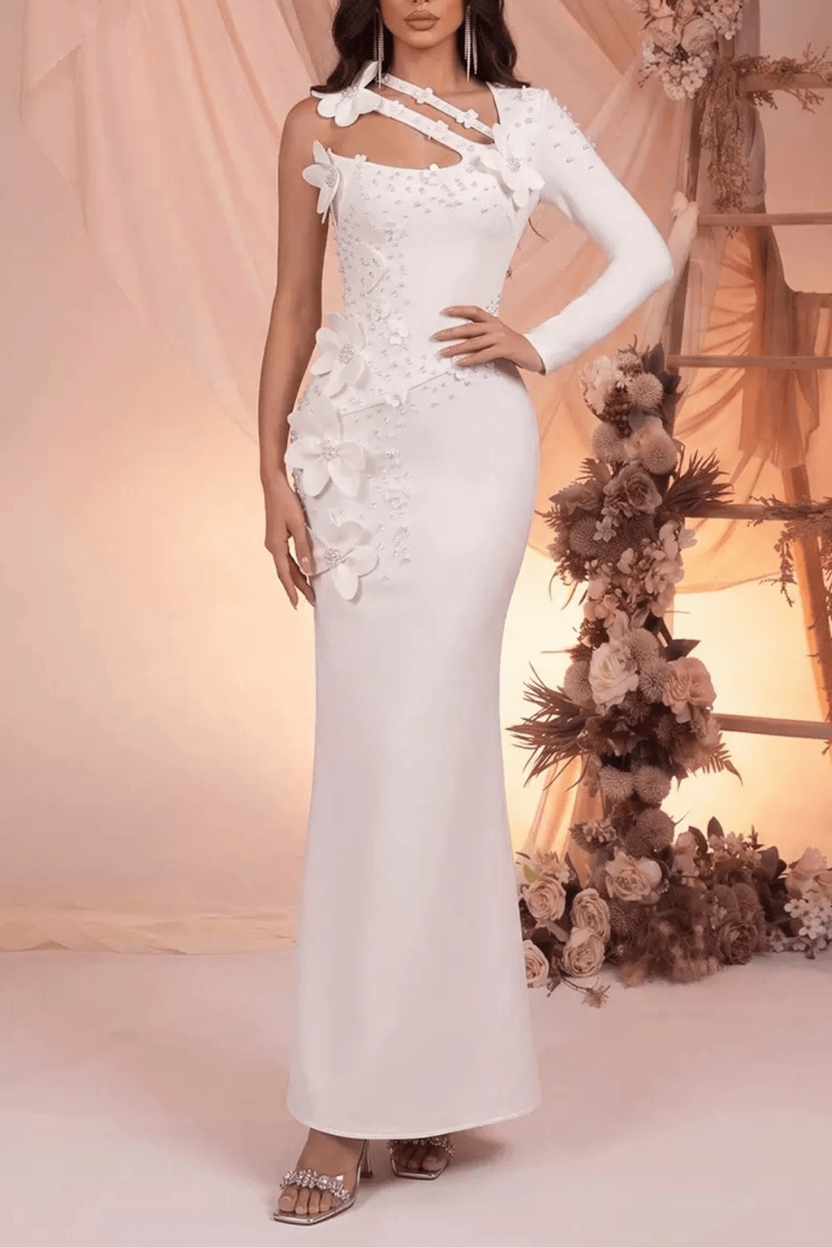 White One Shoulder 3D Floral Dress