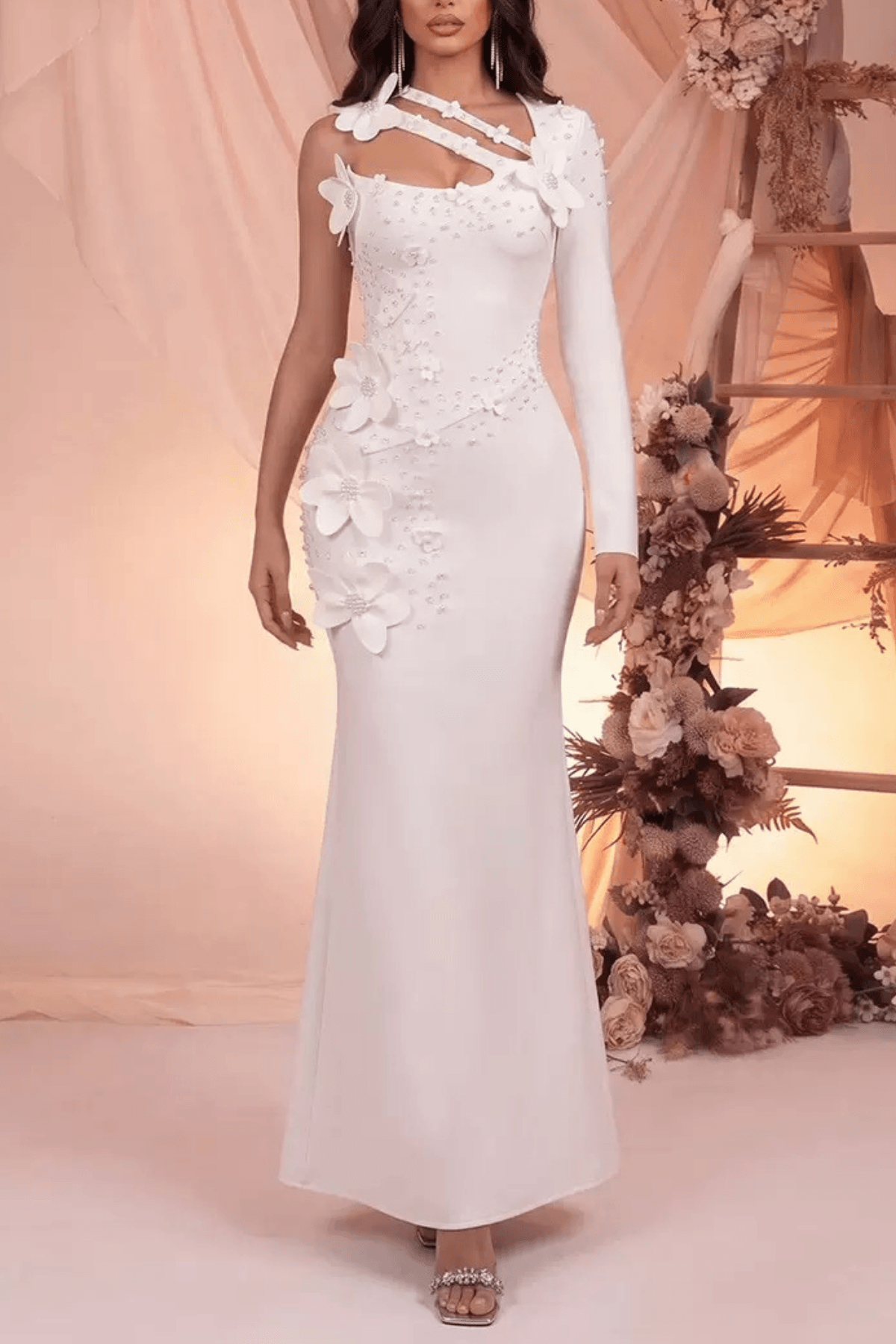 White One Shoulder 3D Floral Dress