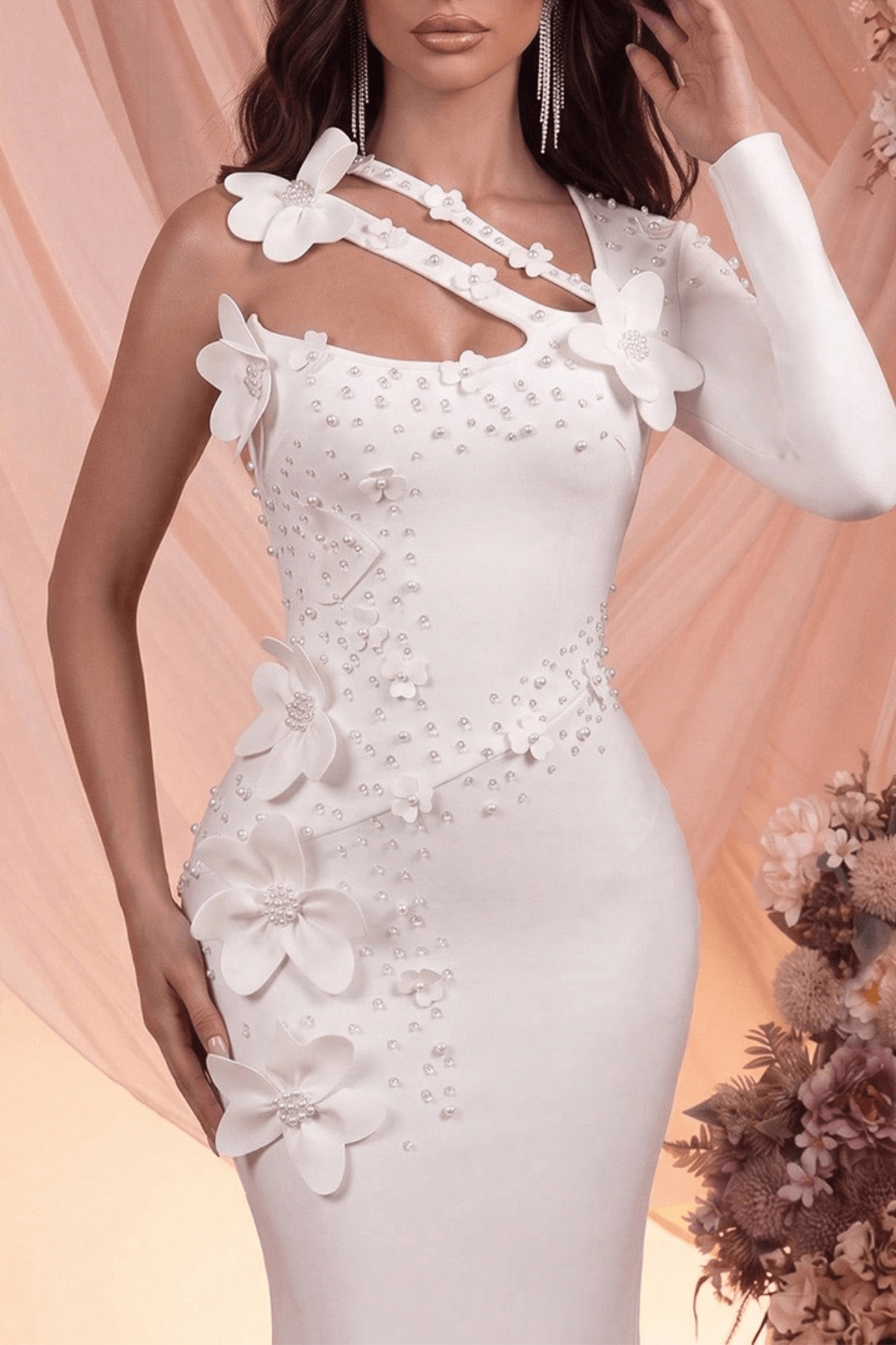 White One Shoulder 3D Floral Dress