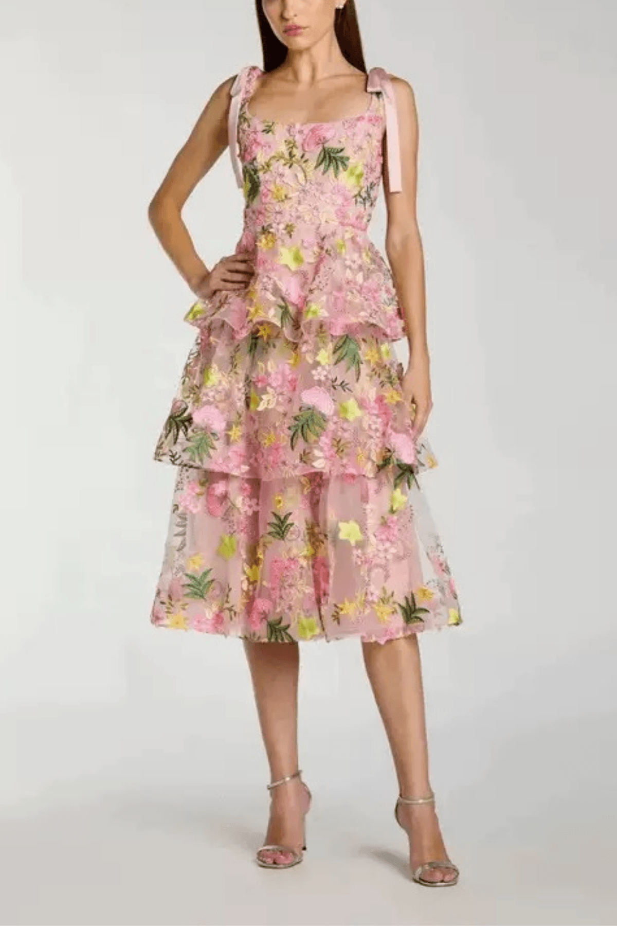 Strap Floral Embroidered Midi Dress