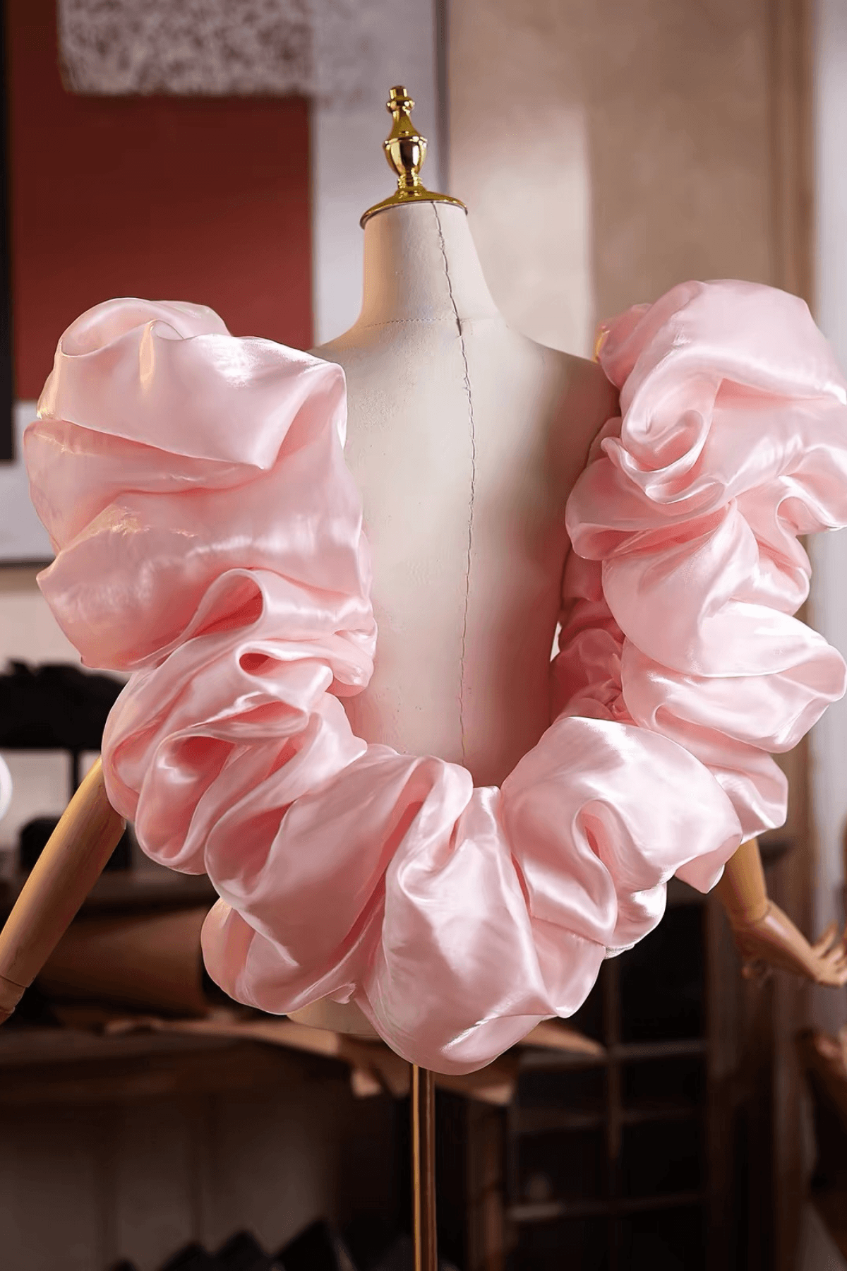 Pink Glossy Organza Voluminous Ruffled Shawl