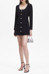 Black Square Neck Rhinestone Mini Dress