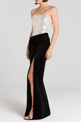 Off Shoulder Sequin High Maxi Dress - Silver/Black