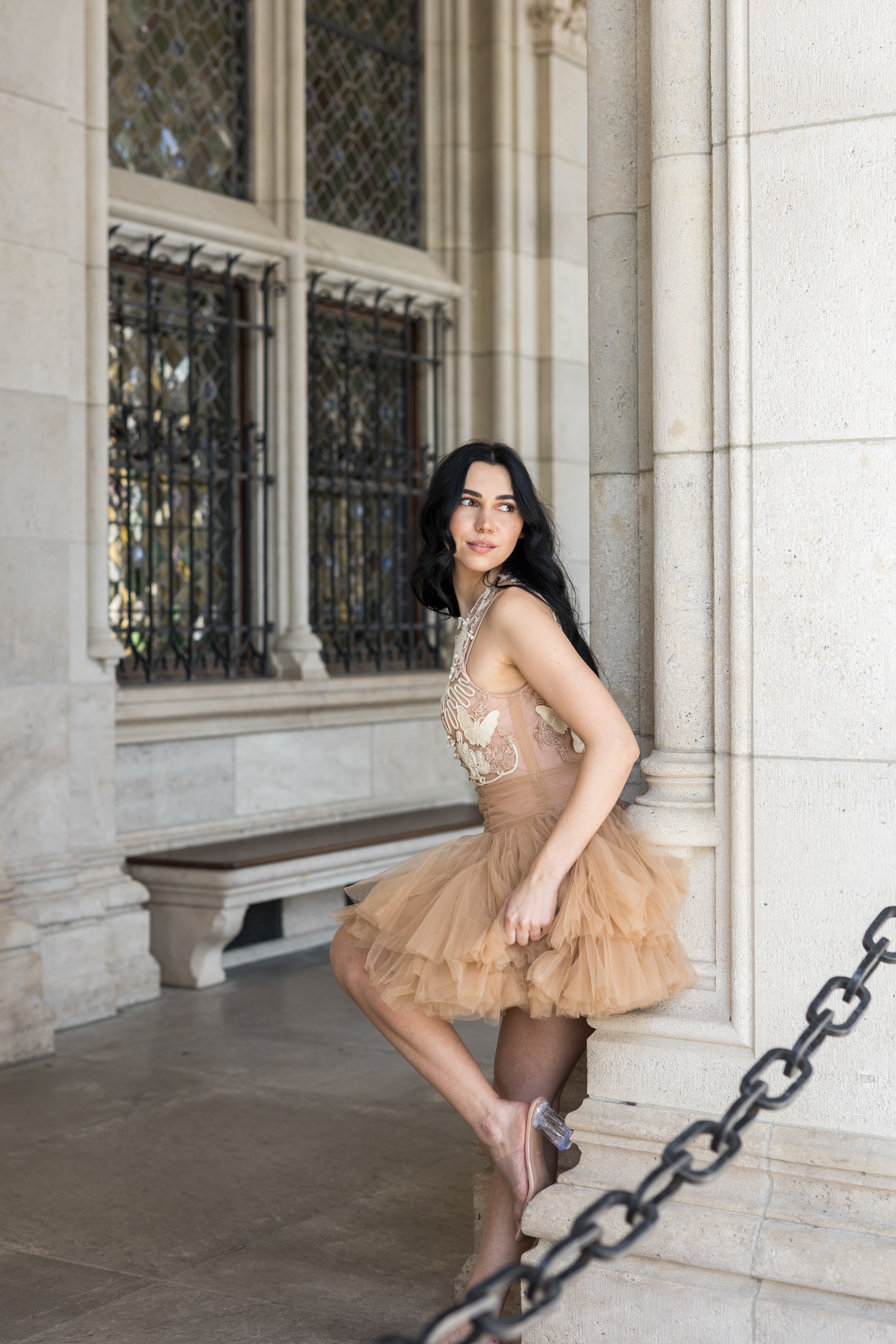 Beige Mini Dress with 3D Applique
