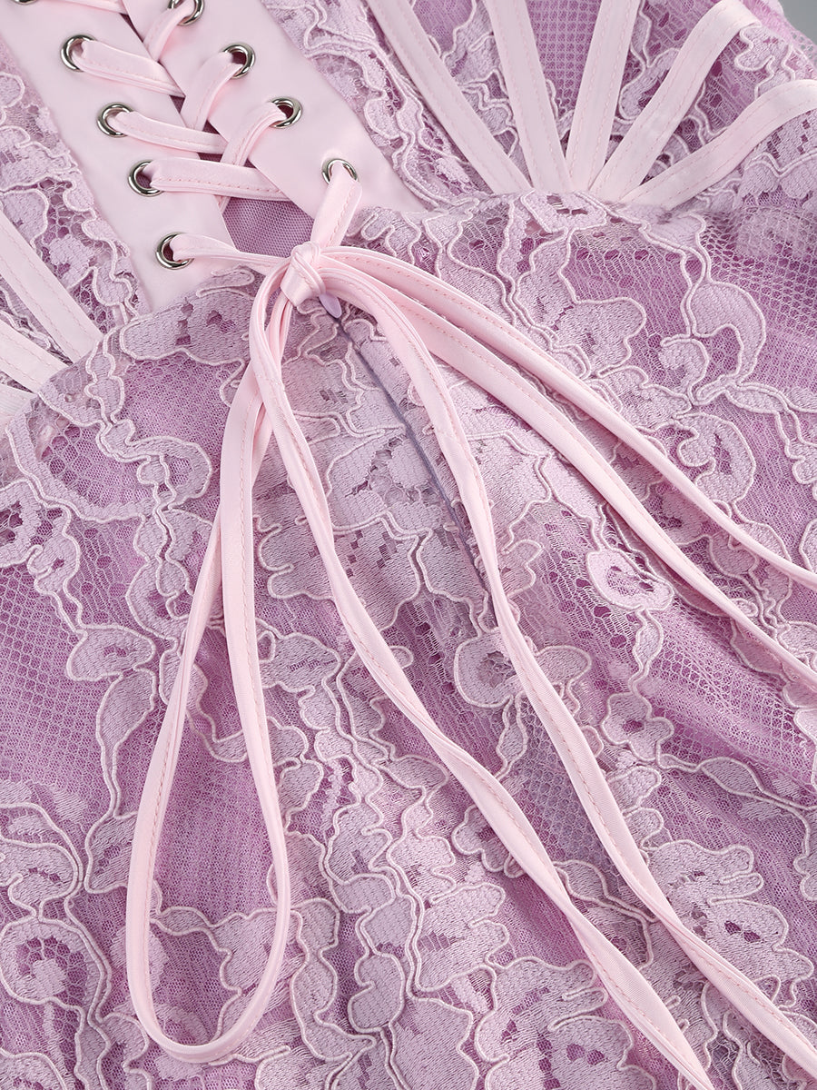 Lace Appliques Mini Dress In Light Purple