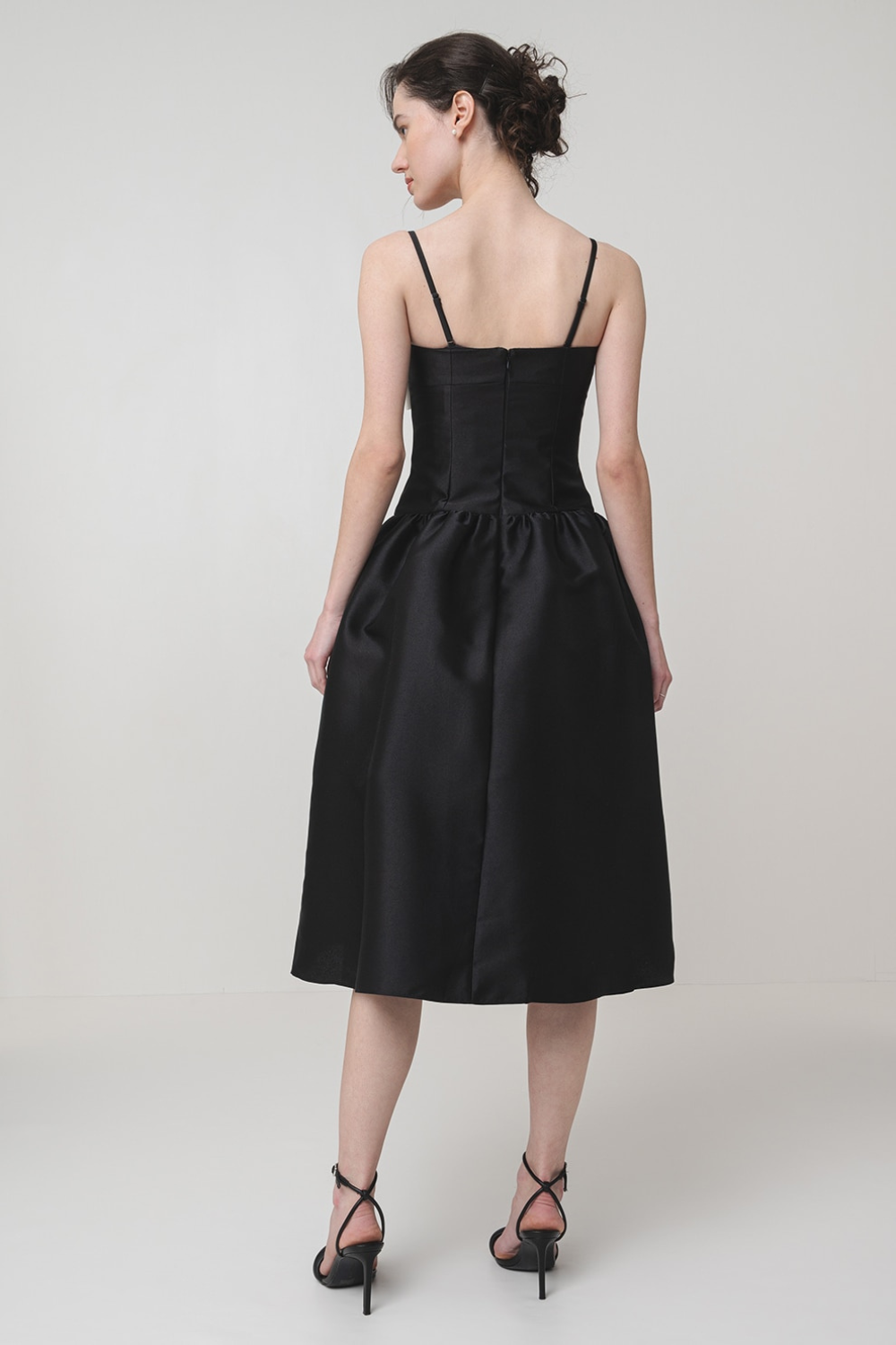 Bow-Detail Taffeta Midi Dress in Black