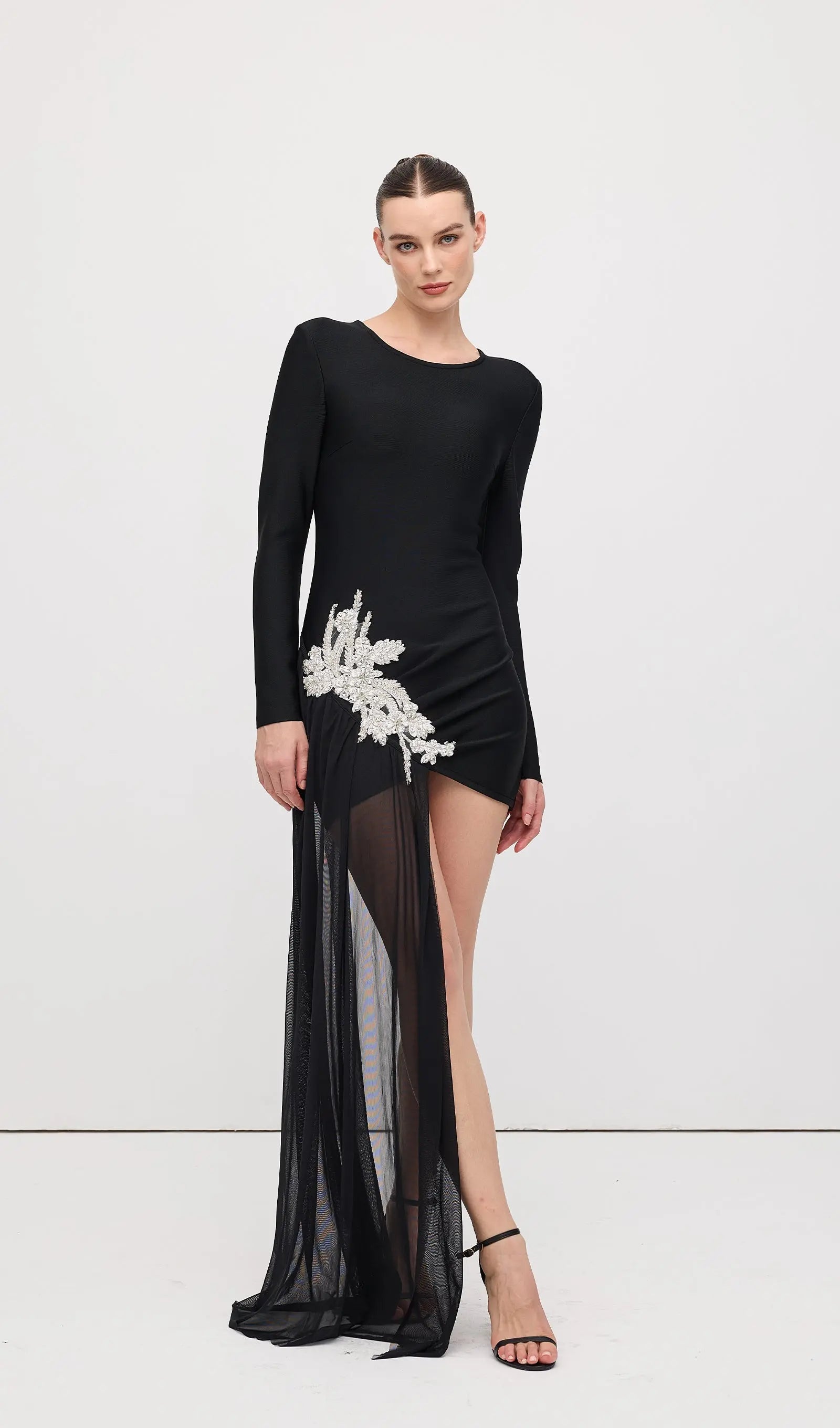 Black Asymmetrical With Rhinestone Embellishments Mini Dress