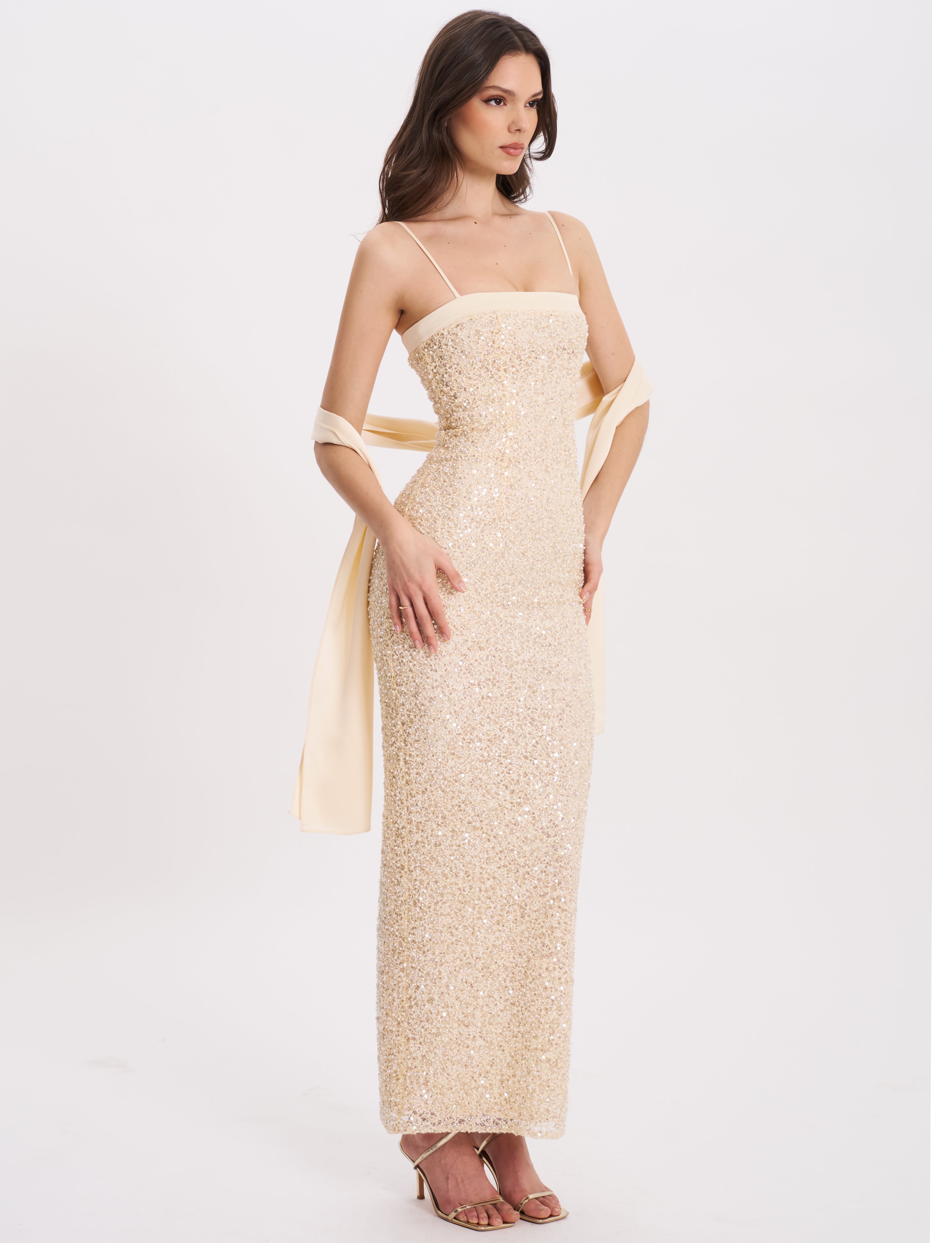 Gold Sequin Bodycon Gown with Scarf